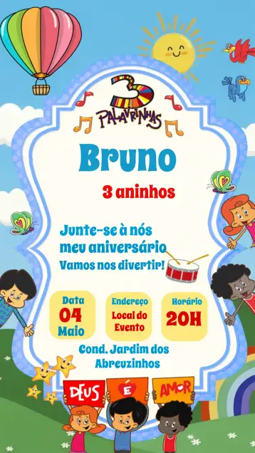 Convite 3 Palabritas Digital para cumpleaños infantil y baby shower. – tema más buscados (colorido, lúdico, gospel, infantil, divertido, moderno)