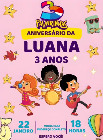 Convite 3 Palavrinhas Menina para aniversário infantil – tema mais pesquisados (rosa, infantil, lúdico, feminino, moderno, religioso)