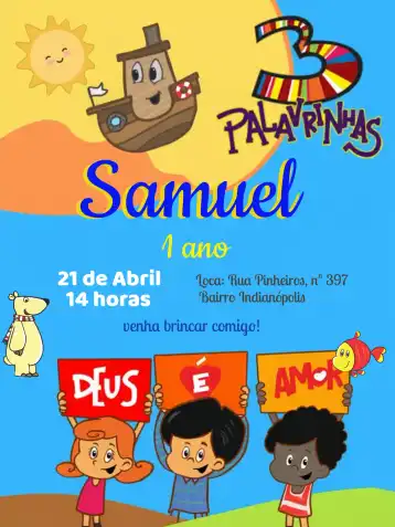 Convite 3 Palavrinhas Sol – tema Aniversário Infantil colorido, lúdico, infantil, divertido, temático