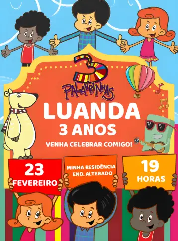 Convite 3 Palavrinhas Três para aniversário infantil. – tema mais pesquisados (colorido, divertido, infantil, moderno, ilustrações lúdicas, alegre)