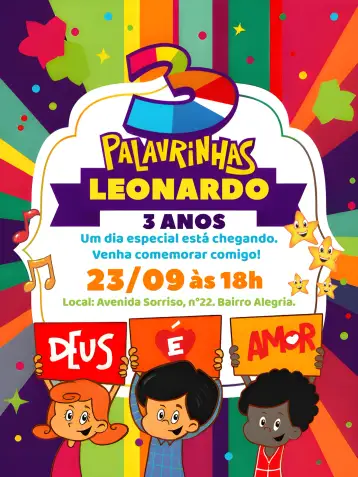 Convite 3 Palabritas Tres para cumpleaños infantil religioso. – tema más buscados (colorido, infantil, evangélico, divertido, moderno, alegre)