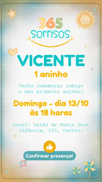 Convite 365 Sonrisas Rayo para cumpleaños infantil. – tema más buscados (aquarela, colorido, sol, infantil, alegre, temática)