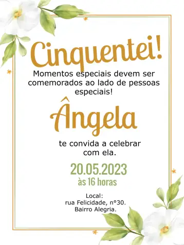Convite 50 Anos Floral Dourado para aniversário de 50 anos. – tema aniversário (floral, dourado, elegante, minimalista, moderno)