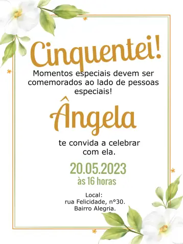 Convite 50 Anos Floral Dourado editável e personalizável