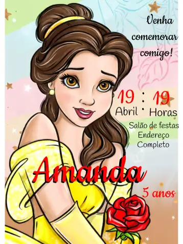 Convite La Bella y la Bestia Amarillo para bautizo infantil. – tema bautismo (amarillo, infantil, lúdico, moderno, colorido)