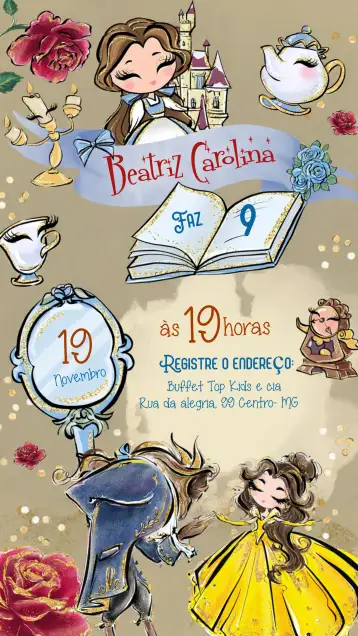 Convite La Bella y la Bestia Acuarela para cumpleaños infantil con temática de la bella y la bestia. – tema más buscados (aquarela, Disney, colorido, fantasía, brillo, princesas)