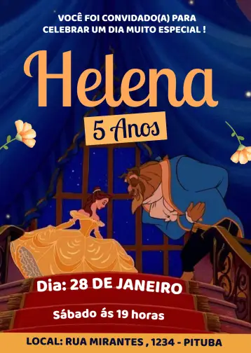 Invitación La Bella y la Bestia Azul editable y personalizable