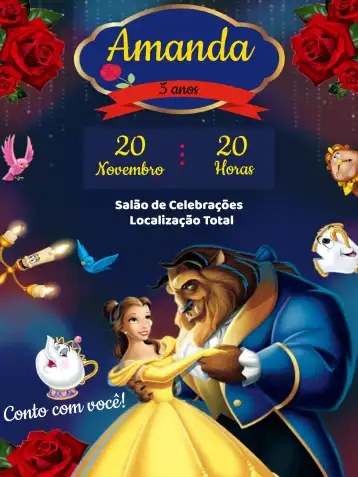 Convite A Bela E Fera Azul editável e personalizável