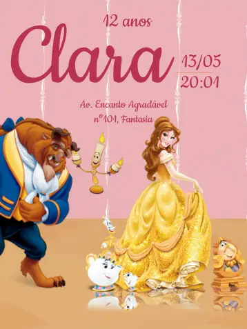 Convite La Bella Y La Bestia Bella para bautizo de niños, celebrando un momento de fe y amor. – tema bautismo (rosa, beige, personajes de dibujos animados, mágico, encantador)