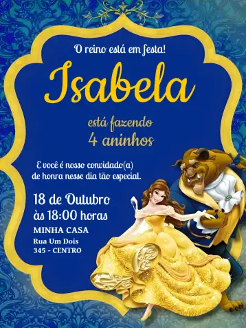 Convite A Bela E Fera Disney para aniversário infantil com tema disney. – tema mais pesquisados (cores vibrantes, estilo de conto de fadas, elementos gráficos da Disney, tema romântico, design lúdico, ilustrações encantadoras)