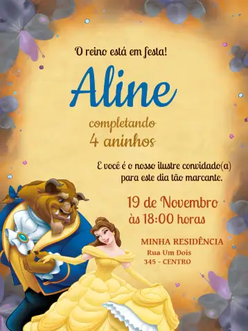 Convite A Bela E Fera Disney para aniversário infantil com tema disney. – tema mais pesquisados (magia, contos de fadas, cores quentes, romântico, divertido, infantil)