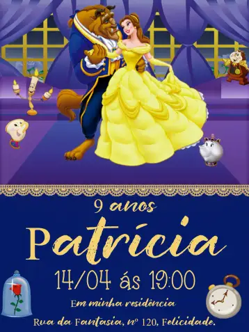 Convite La Bella y la Bestia Dorado para bautizo de niños y celebraciones infantiles. – tema bautismo (dorado, cuentos de hadas, infantil, lujoso, elegante, romántico)