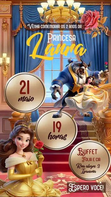Convite The Beauty And The Beast Rose para kids birthday with beauty and the beast theme. – tema most searched for (pink, enchanted, Disney, childish illustrations, themed party, fairy tales)