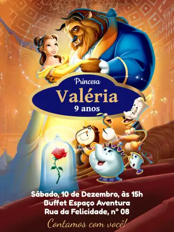 Convite A Bela E Fera Vermelho editável e personalizável