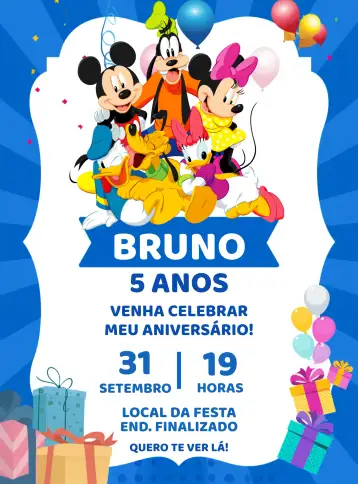 Convite La Casa De Mickey Mouse Donald para cumpleaños infantil – tema cumpleaños infantil (azul, temático, divertido, colorido, infantil, mickey mouse)
