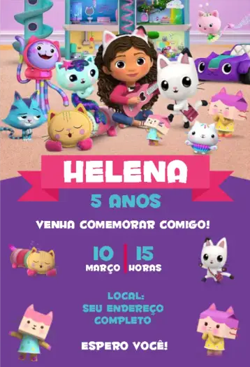 Convite A casa mágica da Gabby 3 para aniversário infantil – tema aniversário infantil (colorido, mágico, divertido, infantil, lúdico, temático)