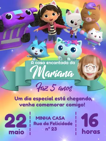 Convite A Casa Mágica Da Gabby Com Foto Box editável e personalizável