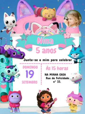 Convite A Casa Mágica Da Gabby Com Foto Ursinho para aniversário infantil. – tema mais pesquisados (rosa, lilás, infantil, lúdico, mágico, ursinho)
