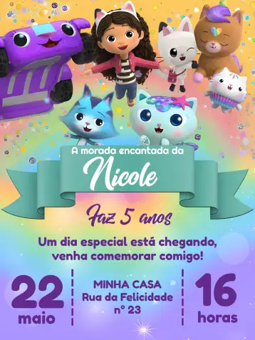 Convite A Casa Mágica Da Gabby Fairy para aniversário infantil. – tema mais pesquisados (colorido, fantasia, mágico, infantil, arco-íris, lúdico)