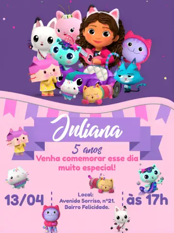 Convite La Casa Mágica De Gabby Gaby para cumpleaños infantil con temática mágica. – tema más buscados (mágico, colorido, infantil, fofo, divertido, brilhante)