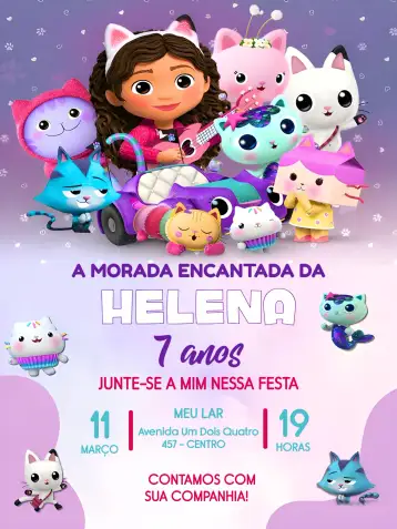 Convite A Casa Mágica Da Gabby Infantil para aniversário infantil – tema mais pesquisados (mágico, infantil, lilás, roxo, colorido, divertido)
