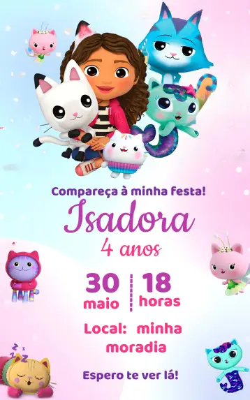 Convite A Casa Mágica Da Gabby Rosa para aniversário infantil com tema mágico e divertido. – tema mais pesquisados (mágico, infantil, colorido, fantasia, lúdico, divertido)