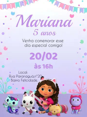 Convite La Casa Mágica De Gabby Roxo para cumpleaños infantil lleno de magia y diversión. – tema más buscados (mágico, colorido, divertido, infantil, fantasía)