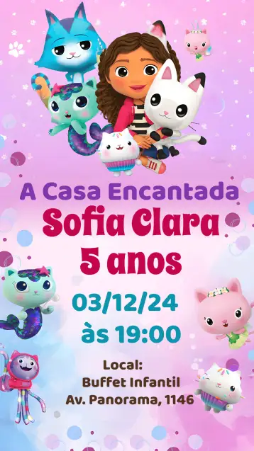 Convite A Casa Mágica Da Gaby Lilás para girl's children's birthday party. – tema most searched for (playful, colorful, magical, childlike, floral, fantasy)