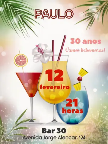 Convite Un Brindis para Adultos para aniversario de adultos con temática de cócteles. – tema cumpleaños (moderno, elegante, descontraído, colorido, minimalista)