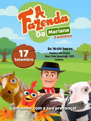 Convite A Fazenda Do Zenon Animais para aniversário infantil com tema fazendinha. – tema mais pesquisados (colorido, rústico, divertido, infantil, familiar, temático)