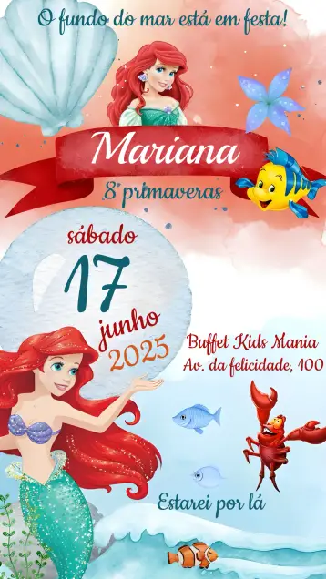 Convite A Pequena Sereia Ariel editável e personalizável