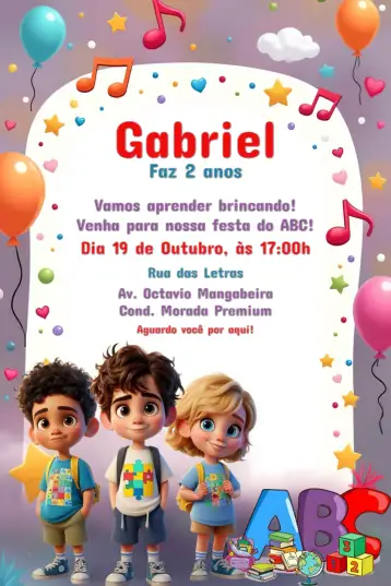 Convite Abc Colorido para formatura infantil ou celebração de alfabetização. – tema formatura (colorido, arco-íris, moderno, infantil, vibrante)