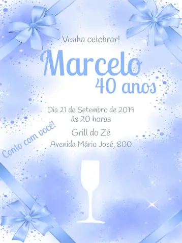 Convite Adulto Masculino - Branco E Azul Cetim para aniversário masculino com estilo e sofisticação. – tema aniversário (elegante, moderno, azul, branco, cetim, sofisticado)