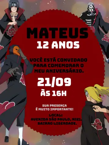 Convite Akatsuki Anime para aniversário infantil com tema de anime. – tema aniversário infantil (anime, fantasia, moderno, colorido, temático)