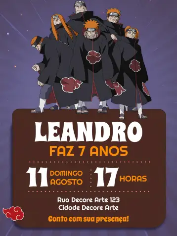 Convite Akatsuki Naruto Marrón para cumpleaños infantil con temática de naruto. – tema cumpleaños infantil (marrón, naranja, blanco, ninja, anime, temática)
