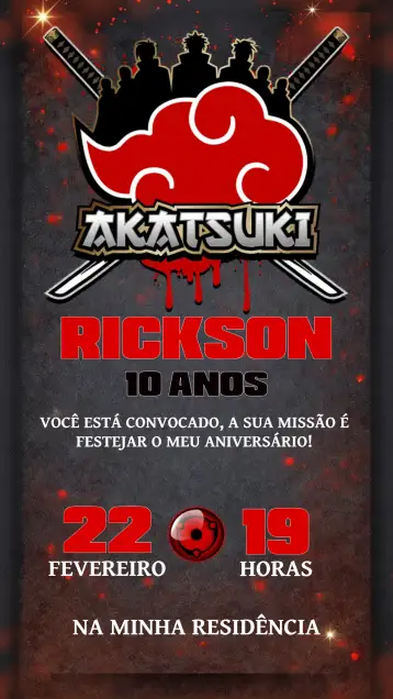 Convite Akatsuki Naruto Preto para aniversário infantil com tema de naruto. – tema aniversário infantil (preto e vermelho, ninja, anime, moderno, divertido)