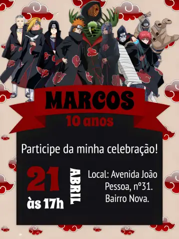 Convite Akatsuki Vermelho para aniversário infantil com tema de naruto e akatsuki. – tema aniversário infantil (vermelho, preto, anime, temático, moderno)