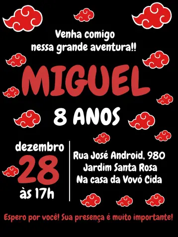 Convite Akatsuki Vermelo editável e personalizável