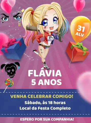 Convite Alerquina Bastão para aniversário infantil com tema da alerquina. – tema mais pesquisados (vibrante, divertido, quadrinhos, DC Comics, moderno, colorido)