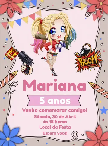 Convite Alerquina Queen para cumpleaños con temática de cómics o alerquina. – tema más buscados (colorido, moderno, quadrinhos, vibrante, jovem)