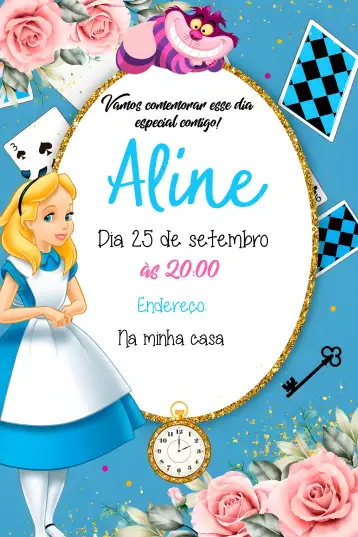 Convite Alice No País Das Maravilhas para festa temática ou aniversário infantil. – tema datas comemorativas (colorido, fantástico, ilustrações lúdicas, vintage, mágico, divertido)