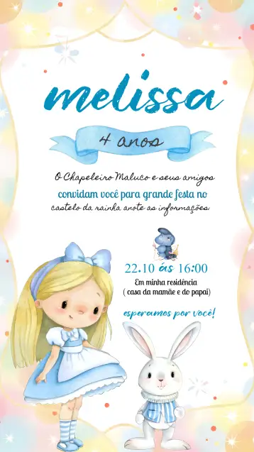 Convite Alicia En El País De Las Maravillas Acuarela Infantil para cumpleaños infantil con temática de alicia en el país de las maravillas. – tema fechas conmemorativas (acuarela, mágico, lúdico, colorido, infantil, fantástico)