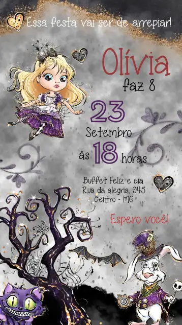 Convite Alice In Wonderland Glitter para children's birthday with alice in wonderland theme. – tema commemorative dates (watercolor, glitter, fantasy, colorful, childish, magical)