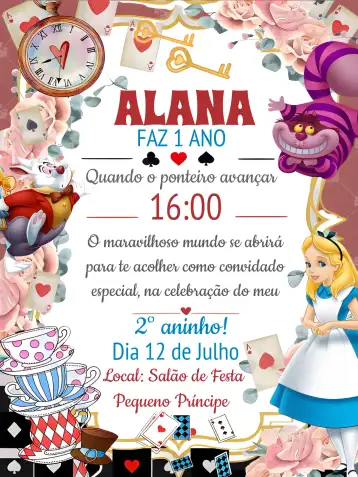 Convite Alice No País Das Maravilhas Menina editável e personalizável