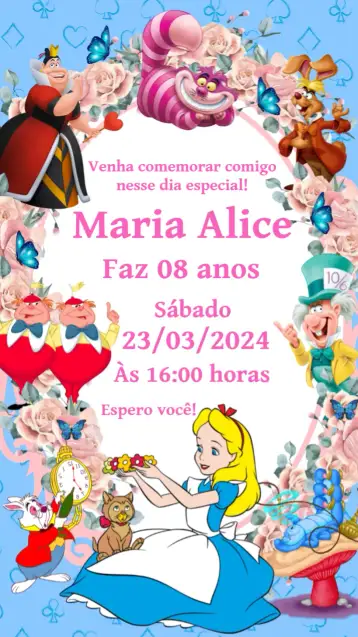 Convite Alice Pais Das Maravilhas Borboletas para ideal para aniversários e festas temáticas inspiradas em contos de fadas. – tema datas comemorativas (colorido, fantástico, lúdico, vibrante, infantil, ilustrações artísticas)