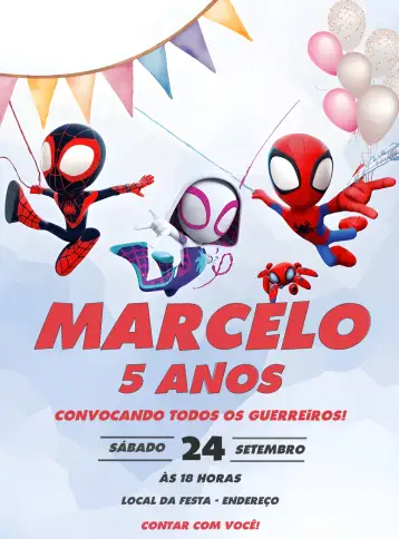 Convite Amazing Spidey E Seus Amigos Homem para aniversário infantil com tema de super-heróis. – tema mais pesquisados (vermelho, preto, super-heróis, divertido, infantil, moderno)
