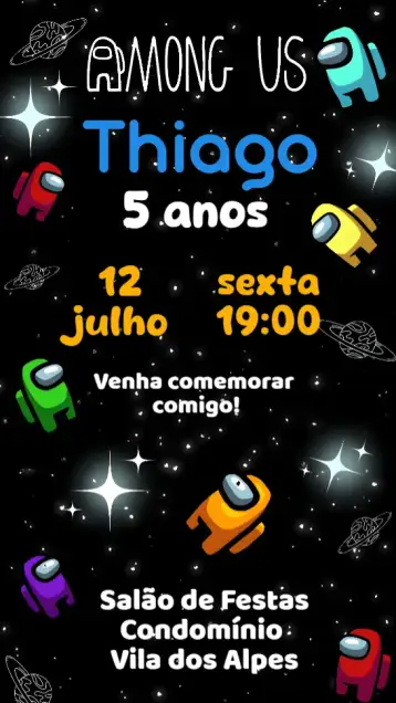 Convite Among Us para kids' birthday with among us theme. – tema kids' birthday party (colorful, playful, modern, fun, themed, games)