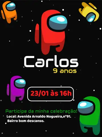 Convite Among Us Amarelo para aniversário infantil com tema among us. – tema mais pesquisados (temática espacial, cores vibrantes, personagens do jogo, estilo moderno, elementos gráficos divertidos)