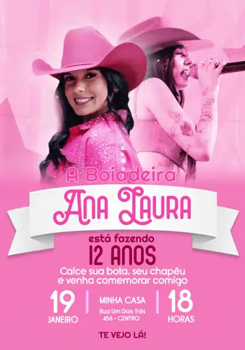 Convite Ana Castela Boiadeira Brilho para cumpleaños infantil o fiesta temática. – tema más buscados (brillo, granja, carnaval, vintage, rosado, country)
