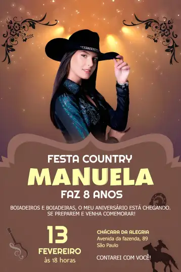 Convite Ana Castela Cowgirl Country para birthday with a country and rustic theme. – tema birthday (rustic, country, earthy, vintage, natural, boho)